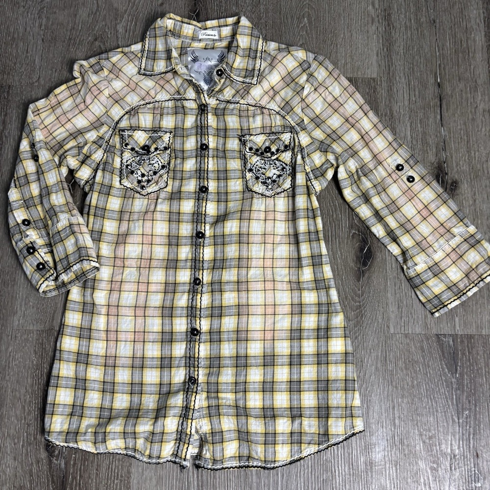 Roar Women's M Button Up Roll Tab Y2K Top Yellow Plaid Western Rodeo Grunge
